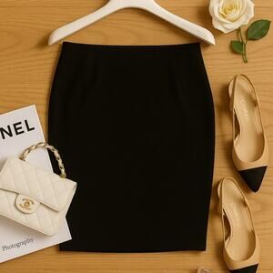 Vintage CHANEL Boutique Bergdorf Goodman Black Wool Mini Pencil Skirt 42